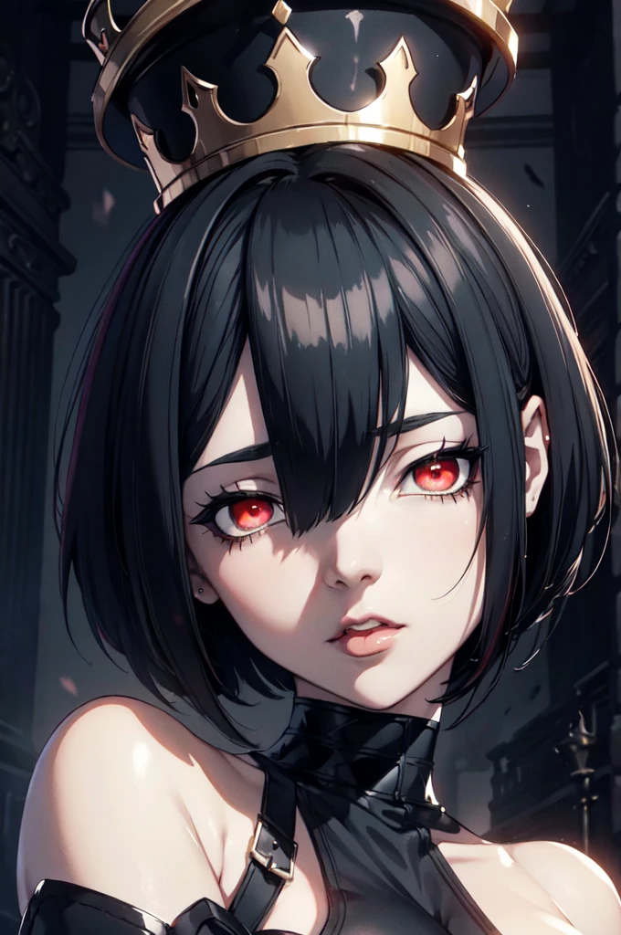 (digital painting),(best quality), masterpiece, 8k resolution, (dark mood background:1.4), dark fantasy, anime girl, one girl, solo, beautiful girl, sexy, goth girl, pale skin, big breast, beautiful breasts, seducing, (yandere: 1.2), detailed lips, beautiful lips, red lips, big eyes, (red eyes:1.2), glowing eyes, (very detailed eyes:1.4), cute girl, short hair, black hair, crown, dramatic lighting, deep shadows, (wide angle lens distortion:1.2)
