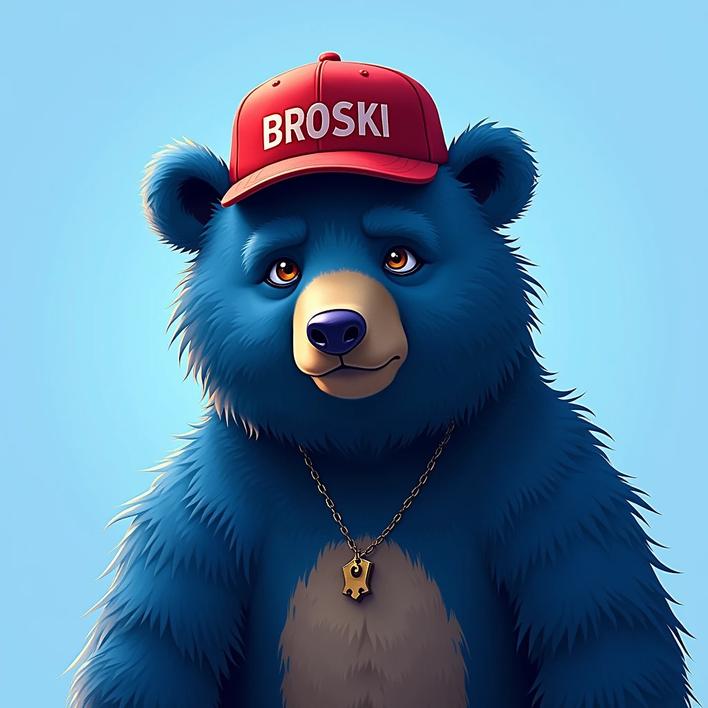 blue bear , light blue background , edgy , portrait , noble , red hat broski summer , write broski on your hat in capital letters
 