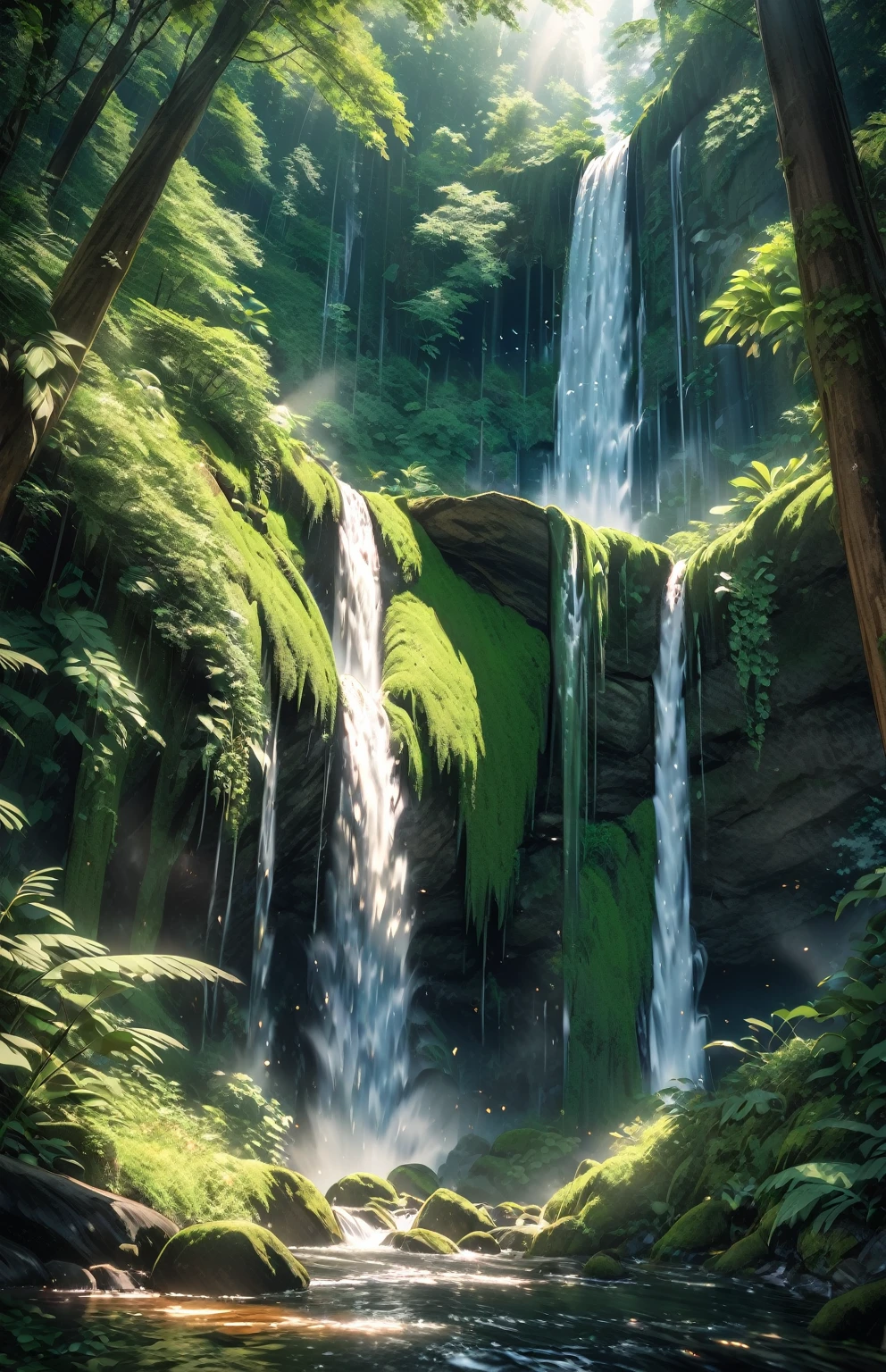 8k photo of a breathtaking waterfall cascading amidst a lush green forest, with sunlight filtering through the canopy