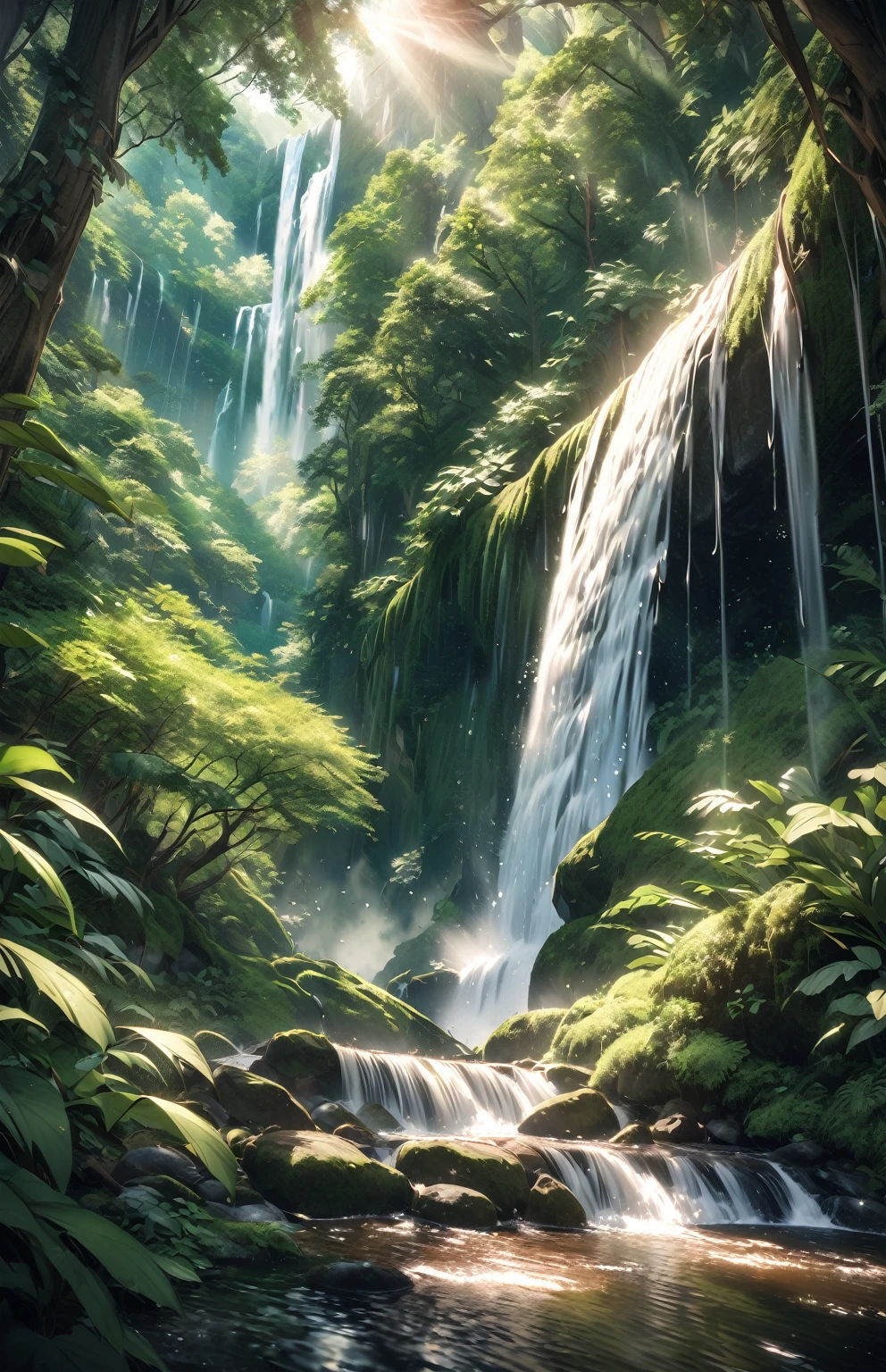8k photo of a breathtaking waterfall cascading amidst a lush green forest, with sunlight filtering through the canopy