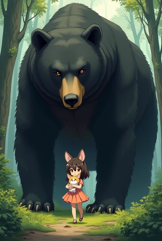 a giant black bear protects an anime cute girl. The girl is holding a small corgi dog
