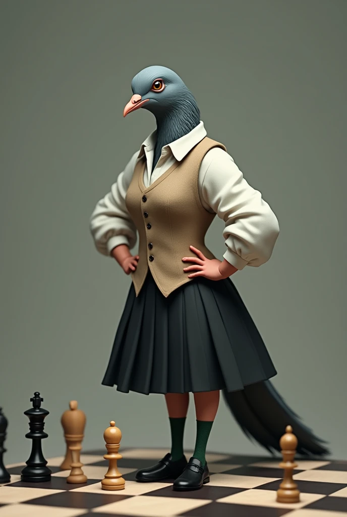 ((incline one's head to the side)),((Highest quality)), ((masterpiece)), (detailed), A grey female pigeon wearing an off-white collared short-sleeved shirt, a light brown vest, a knee-length black skirt, dark green socks and black shoes,Playing chess at the table,Muscular grey female pigeon,Photorealistic images,The background is simple,
