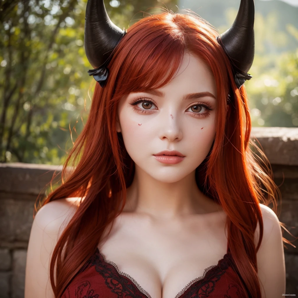 Very detailed, Seductive erotic woman with horns and scarred face, (Big Breasts, Redhead), Focus on the face, Focus on the face, Complex eyes,