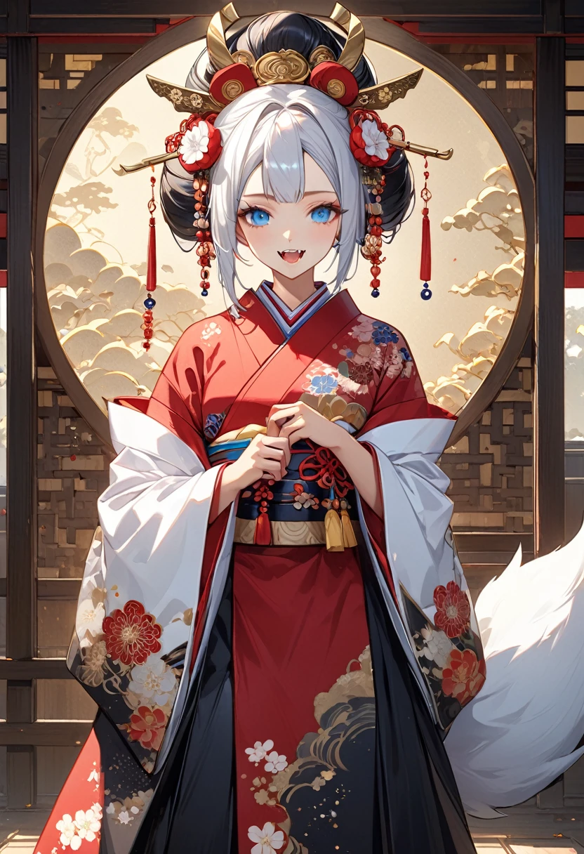 Ink painting, (((1 girl))), (((Tattoo in the middle of the forehead))),(((In the background is the Akatsuki moon))), (((Oiran))), (((Great hair accessories))), Demon possession, ((Masterpiece:1.2)), ((Highest quality)), Extremely detailed and delicate illustration style, Detailed leather texture, Detailed canvas texture, Very detailed description, (Masterpiece T), Extremely beautiful illustration, Highly detailed face, Raw image, professional, Ultra-high resolution panel, Complex details, Superior detail, Intricate decoration details, Perfect anatomy, real, (Very beautiful and cute black and white colored fox woman or girl with blue eyes wearing kimono), ((آذان الثعلب black hair, White hair, multicolor, the beautiful)), (Beautiful black and white colored fox tail), (black hair, White evil, Beautiful and shiny), (((She has claws on her hands.))), (((She has long fangs.))), (Beautiful and clear blue eyes), (Beautiful detailed eyes:1.6), (Traditional black and white detailed costume), Front view, White flower kimono, Black white colorful hakama long skirt, A maxi skirt, Modestly dressed, He smiles, ((Standing and looking at me)), ((The day)), (Extremely detailed and beautiful Japanese temple construction), (8K Highest quality wallpaper), (Extremely detailed and delicate background)