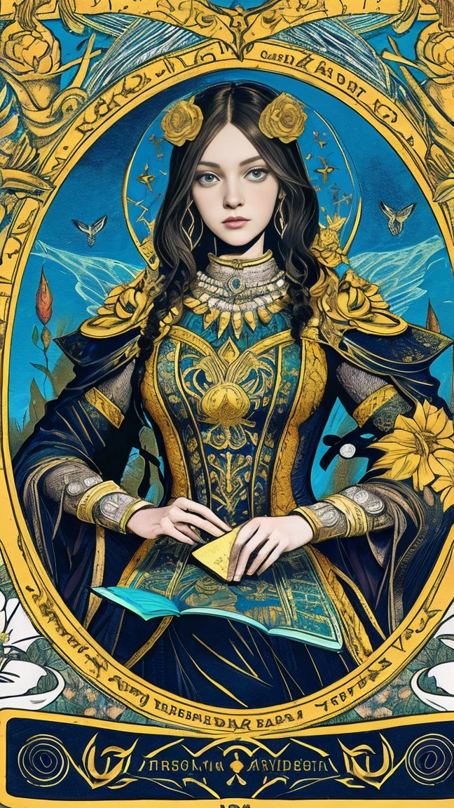 A beautiful fantasy warrior queen tarot card, fractal magic, illustration in the style of Travis Charest, ink line art, poster, featuring Elle Fanning model, cinematic, fantasy art, highly detailed illustration, mystic, botanical masterpiece, intricate, surreal, symbolism and surrealist elements, exquisite design, interwoven, beautiful woman, flowers, pastel