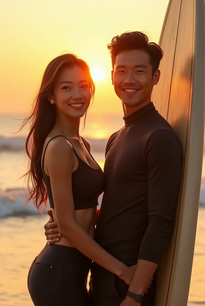 create A man and woman, asian face, (((holding board))). has a confident and happy expression on her face, with a slight smile and bright eyes.wearing wearing (((black surfer outfit))),  (((modest clothing))), (((long pants))), bakcground golden hour