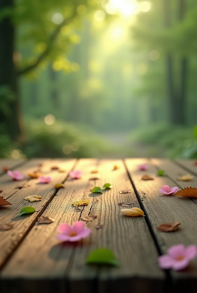 Wood sprinkled with leaves and flowers