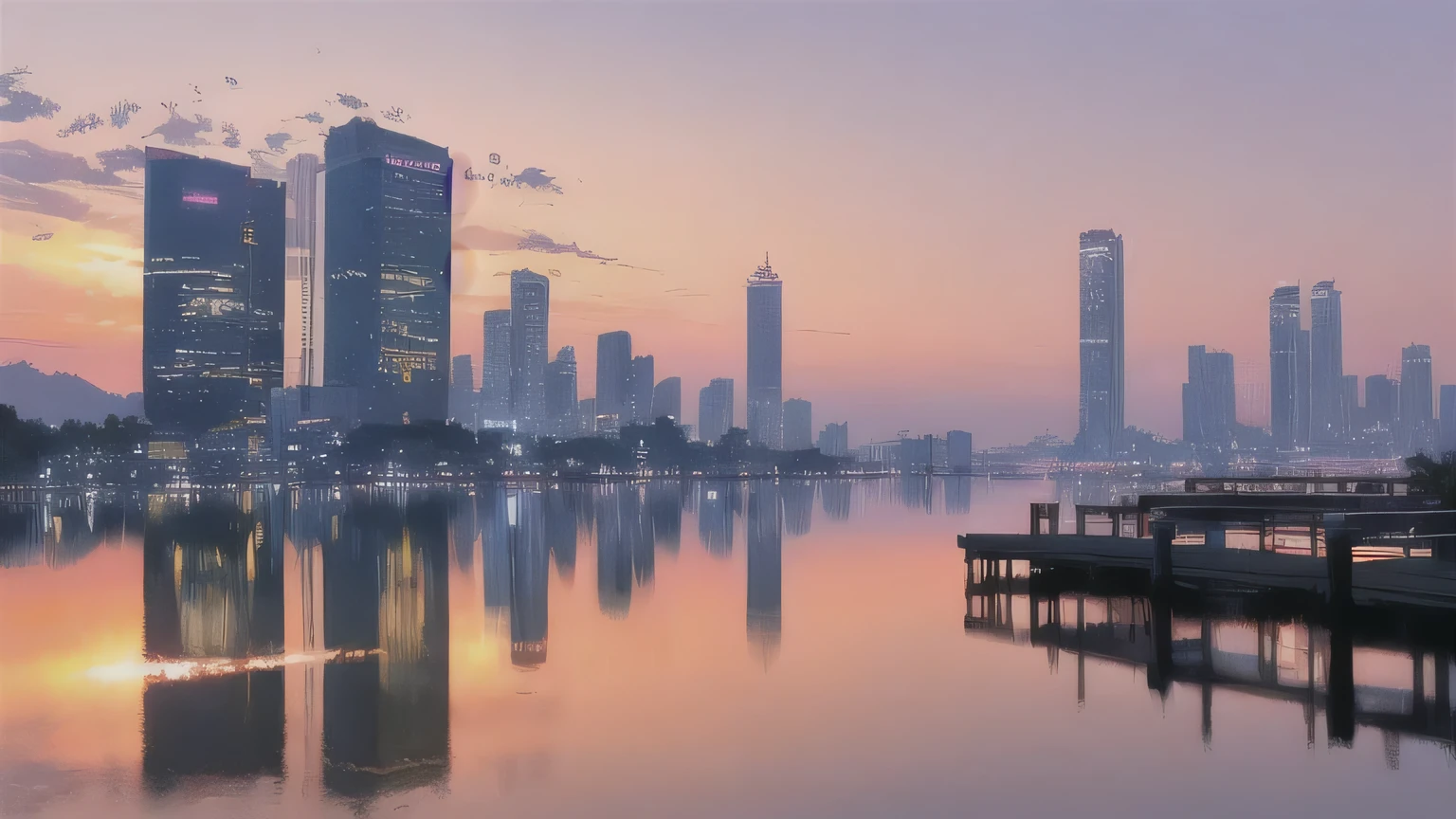 Picture a serene sunset over a calm lake, The sky is painted in shades of orange and pink.Imagine the bustle, Lively cityscape at night, Neon-lit skyscrapers.
