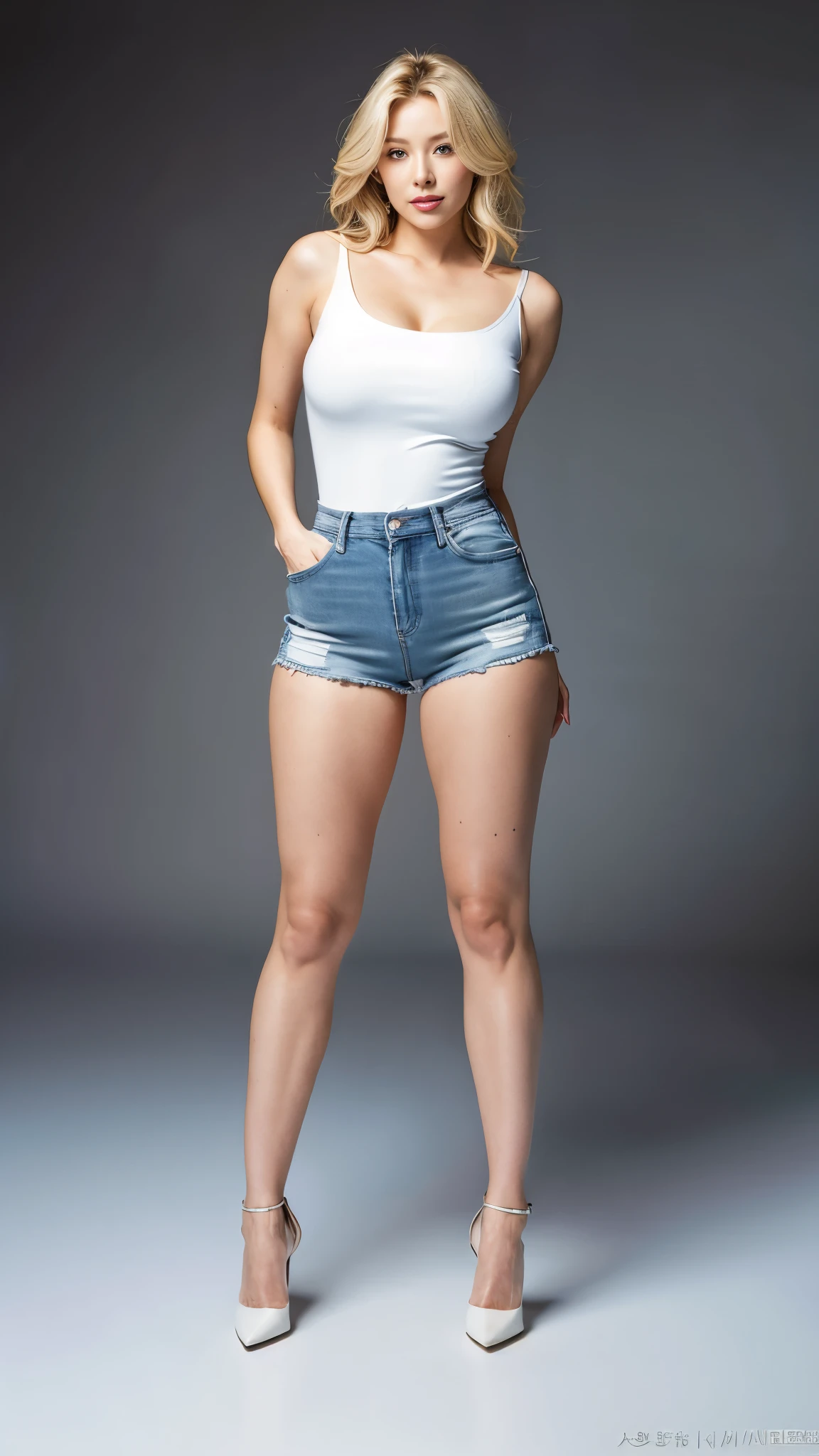 A sexy korean woman, flowy blonde hair, glossy lips, plump body, long legs, heavy breasts, giant breasts, huge breasts, massive breasts, juicy breasts, succulent breasts, enormous breasts, braless, wearing white spaghetti top, jeans short shorts, high heels, stilettos, full body, standing on the floor, detailed body, at photo studio, white backdrop, dynamic light, 8K, masterpiece, ultra detailed, professional studio lighting.