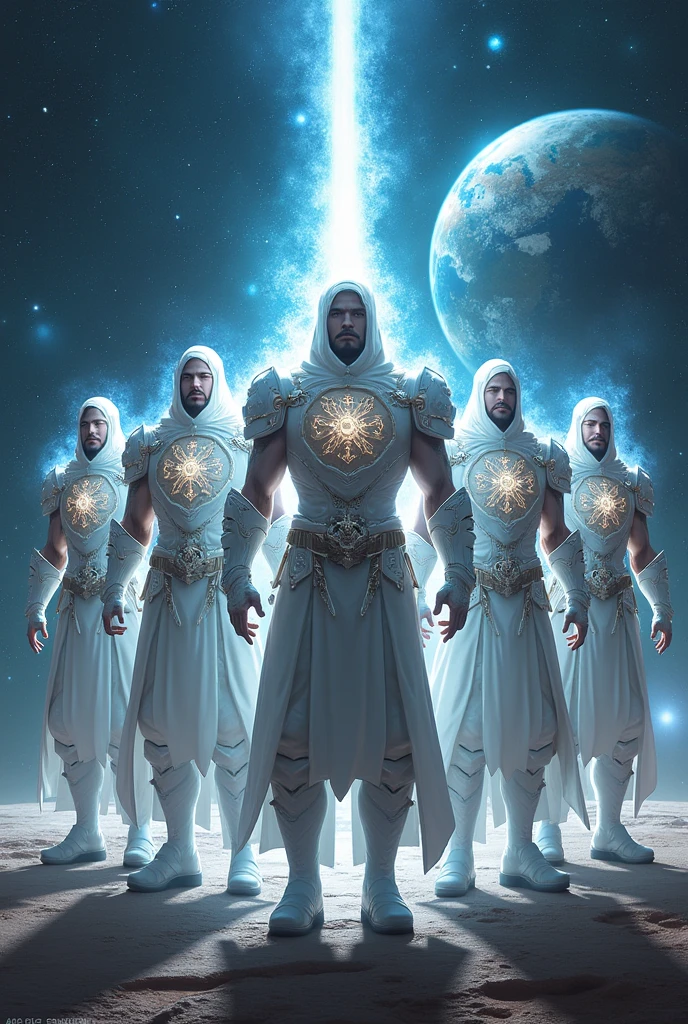 Six men receiving white celestial armor to defend planet earth with firearms, katanas and abilities