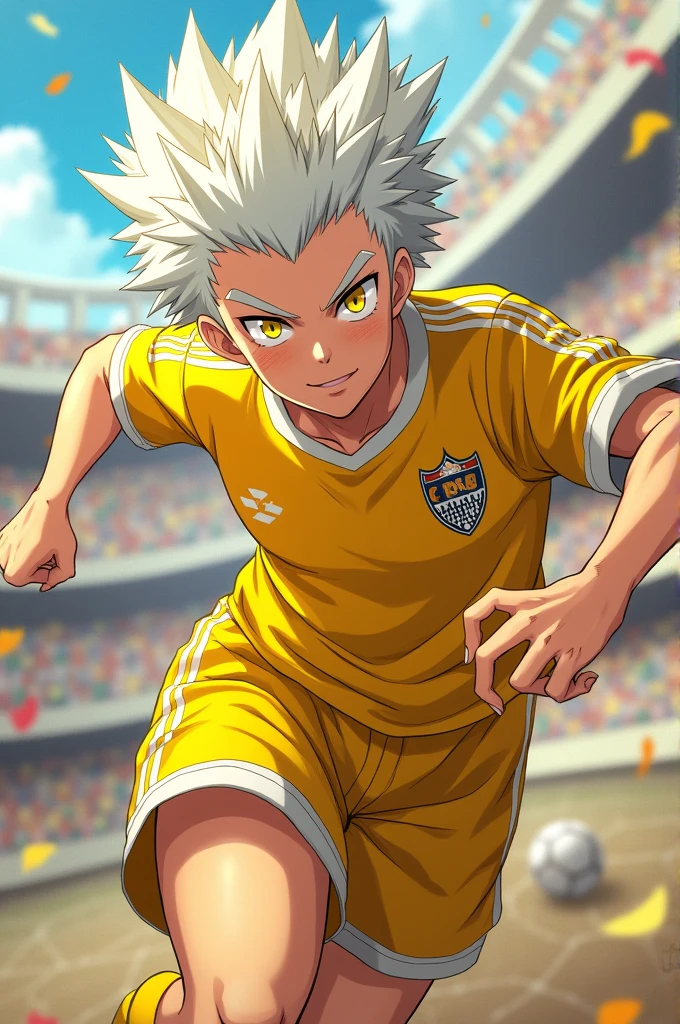 Create a fictional character from Inazuma Eleven the reference is Gouenji Shuuya it is mandatory to have his spiky white hair his eye color yellow favorite color yellow