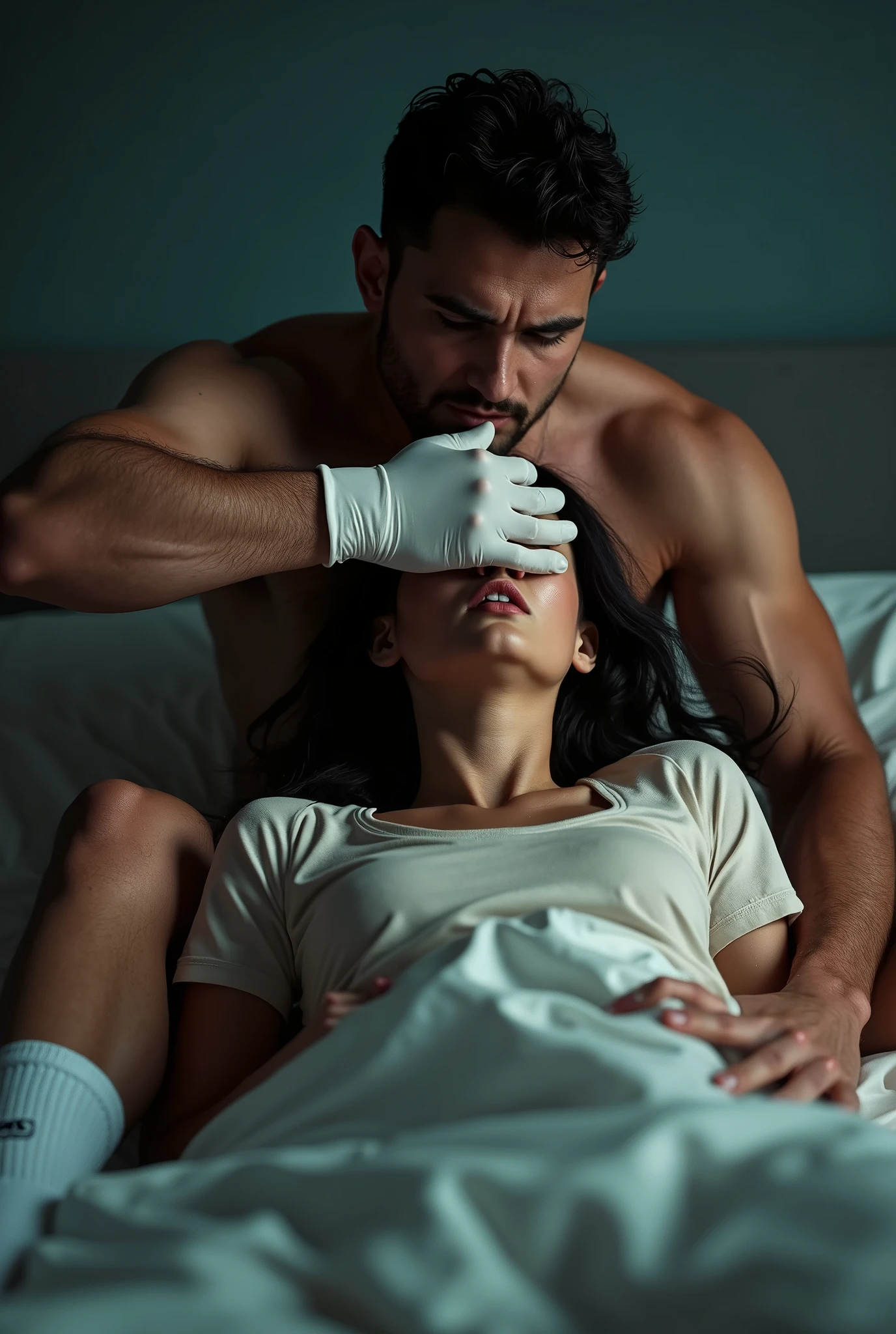 Un homme sexy avec des gants chirurgicaux courts blanc et des chaussetes nike qui mets sa grande main sur la bouche d’une femme dans un lit pour l’etouffer et l’empecher de crier car la femme  crie 