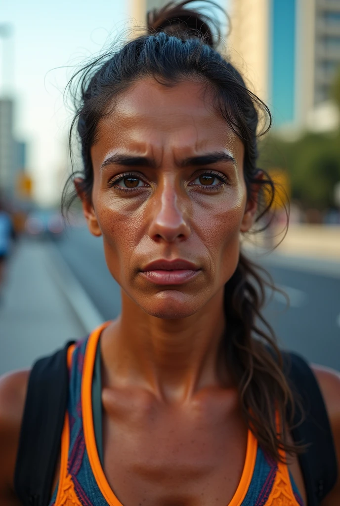 frontal portrait, a woman from Argentina, age 25, marathon clothing, Roadside, Dubai, tired, work of art, high qualiy, 8k, Full HD, wall-paper, RAW, ultra realisitic