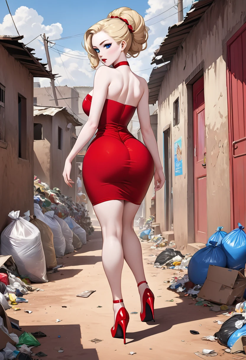 masterpiece, small size head, pinup, Stunning Blonde teen, pale skin, blue eyes, stunning, wearing red royal dress, stockings ,red stilettos ,thick calves, long thick legs , big ass. She is walking in poor african Town with a Lot of garbage and african people.