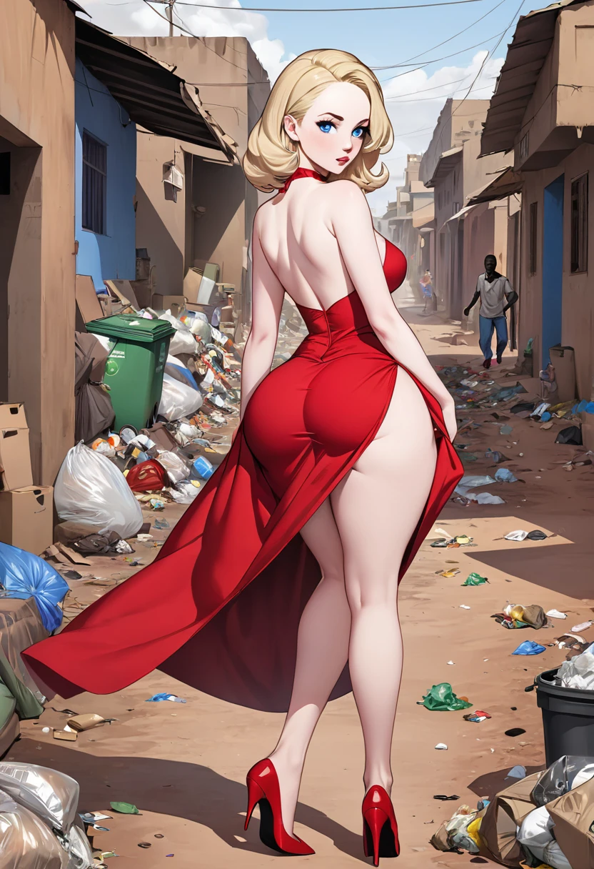 masterpiece, small size head, pinup, Stunning Blonde teen, pale skin, blue eyes, stunning, wearing red royal dress, stockings ,red stilettos ,thick calves, long thick legs , big ass. She is walking in poor african Town with a Lot of garbage and african people.