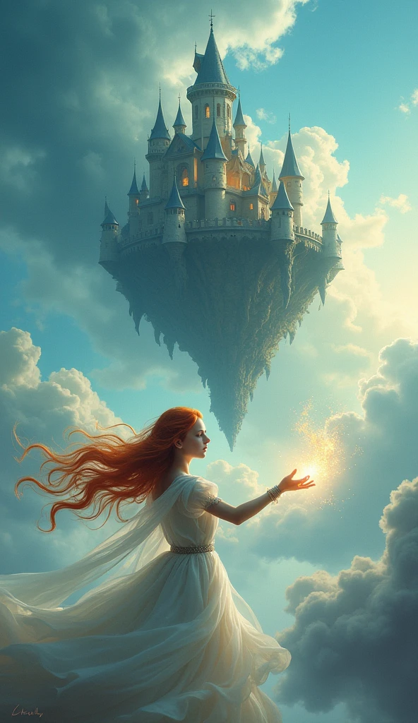 A photo of a beautiful girl with a green castle flying in the air, with some magical powers