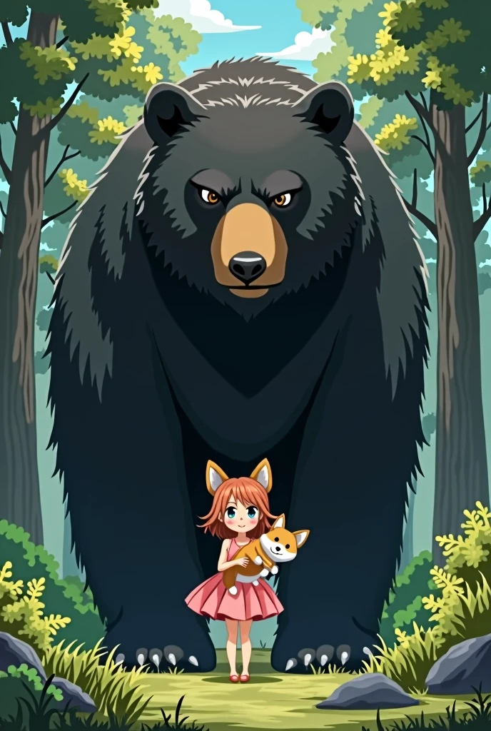 a giant black bear protects an anime cute girl. The girl is holding a small corgi dog