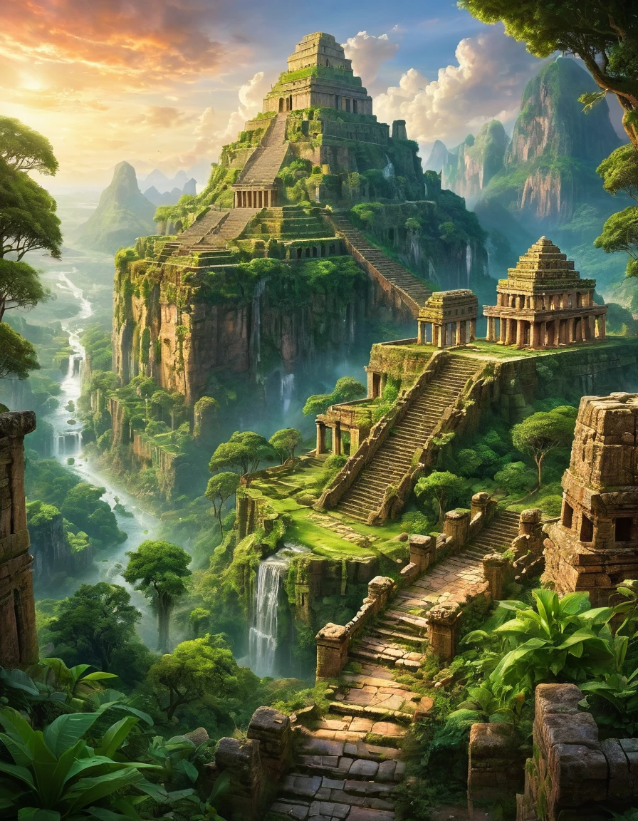 a beautiful landscape depicting the 7 wonders of the world, detailed architectural structures, ancient ruins, lush greenery, dramatic lighting, cinematic composition, intricate details, photorealistic, award-winning digital art, vibrant colors, stunning vistas, ethereal atmosphere, masterpiece