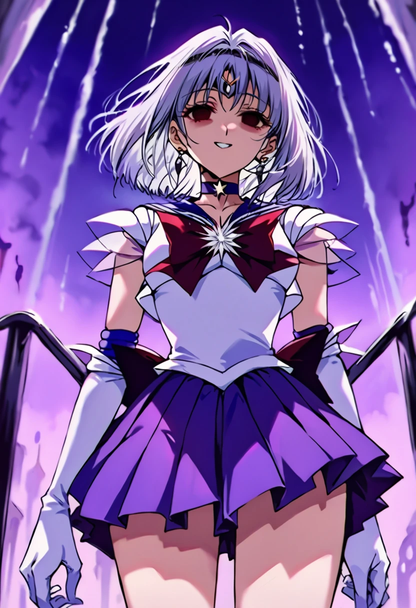 (masterpiece, Highest quality, so beautiful, Very detailed), Intricate details, 12k, Honestly,In awe of the Sailor Saturn XL,sailor senshi uniform,jewelry,skirt,choker,star choker,sailor collar,bow,brooch,star brooch,purple sailor collar,purple skirt,gloves,tiara,short hair,white gloves,earrings,elbow gloves,pleated skirt,, Are standing, Cowboy Shot,,(Wicked Smile:1.2), One person,(Silver Hair:1.4),(empty eyes,:1.4),From below,Watching the dawn,Dark aura,View your audience,(red eyes:1.2),