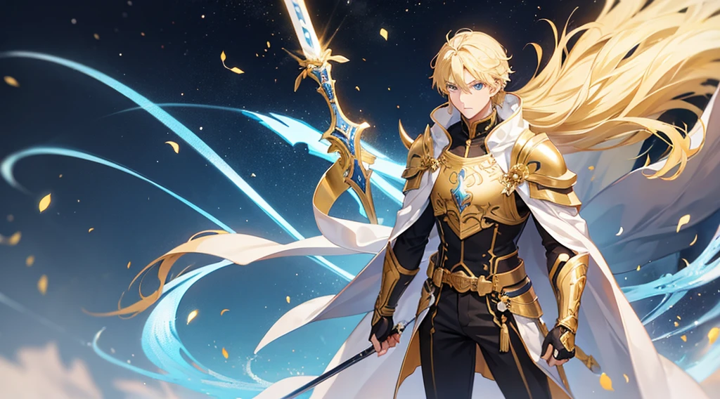 handsome man Blonde blue eyes Anime Style 1 Golden Western Armor beautiful sword Perfect body One in the center