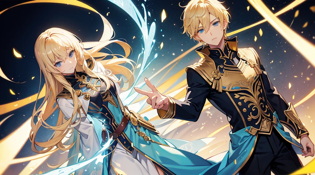 handsome man Blonde blue eyes Anime Style 1 Golden Western Armor beautiful sword Perfect body One in the center