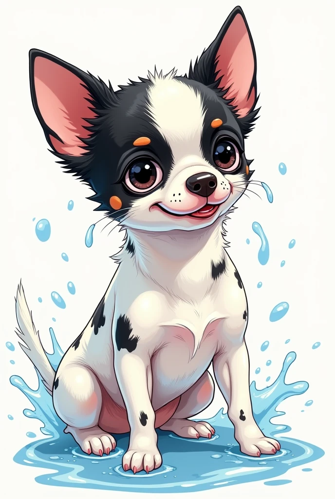 Chihuahua with black and white face, black spots on white body, manga style, washing whole body
