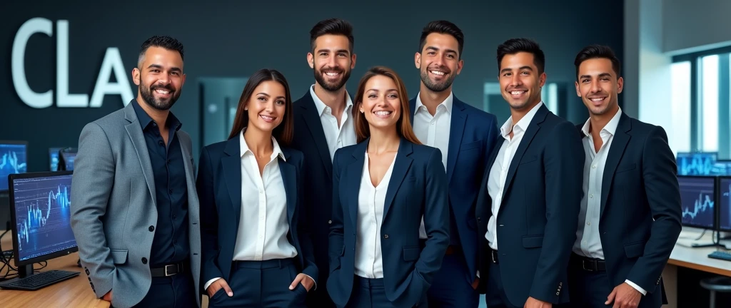 &quot;Create an image of a team of analysts consisting of 6 people of different genders with a snow-white smile and an athletic build. They should have a confident and inviting expression on their face., they must be dressed in business attire and stand in the office. Design must convey professionalism, trust and innovation, and subtle elements of digital technology or blockchain in the background should highlight the company&#39;s technological focus. The overall look should be stylish., professional and attractive. The background is an office where employees sit and analyze cryptocurrency charts on their computers., on the walls there is the company logo 3 large letters CLA and a clearly readable inscription Cripto labs analytics» Waiting for the start