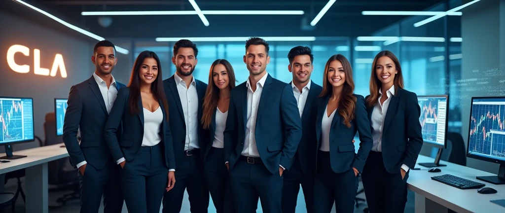 &quot;Create an image of a team of analysts consisting of 6 people of different genders with a snow-white smile and an athletic build. They should have a confident and inviting expression on their face., they must be dressed in business attire and stand in the office. Design must convey professionalism, trust and innovation, and subtle elements of digital technology or blockchain in the background should highlight the company&#39;s technological focus. The overall look should be stylish., professional and attractive. The background is an office where employees sit and analyze cryptocurrency charts on their computers., on the walls there is the company logo 3 large letters CLA and a clearly readable inscription Cripto labs analytics» Waiting for the start