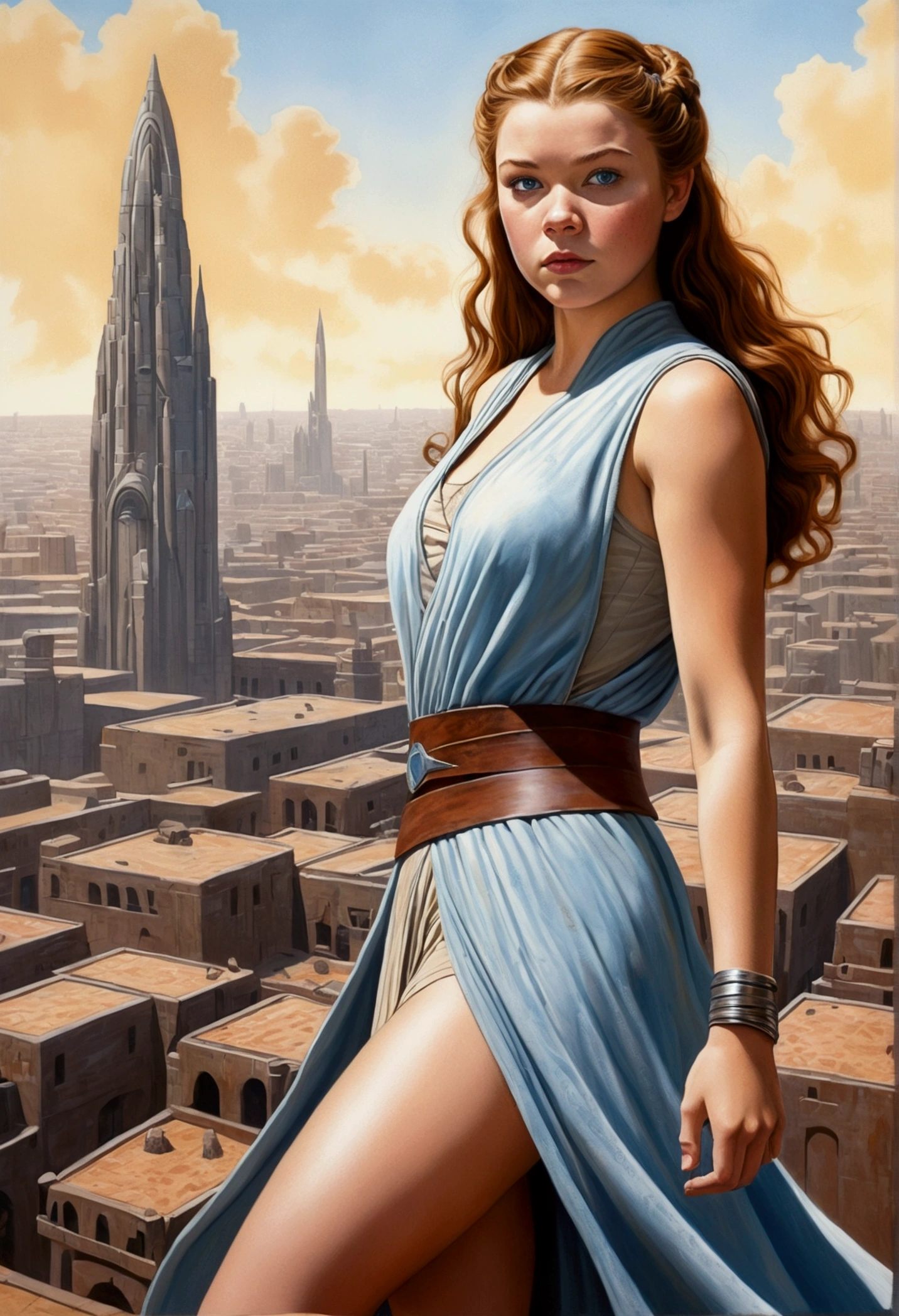 An illustrated movie poster, hand-drawn, full color, a teenage Jedi, 18-years-old, female, wearing a Sleeveless tunic, athletic hourglass figure, busty bosoms, full wide hips, massive round butt, long shapely legs, ridiculously thick powerful thighs, pale blue eyes, mousy brown hair, thick shaggy bangs, rosy sun-kissed complexion, freckles, resembles Margaery Tyrell, standing above Coruscant, graphite shading, stencil marks, airbrushed acrylic paint, masterpiece, in the style of Drew Struzan 