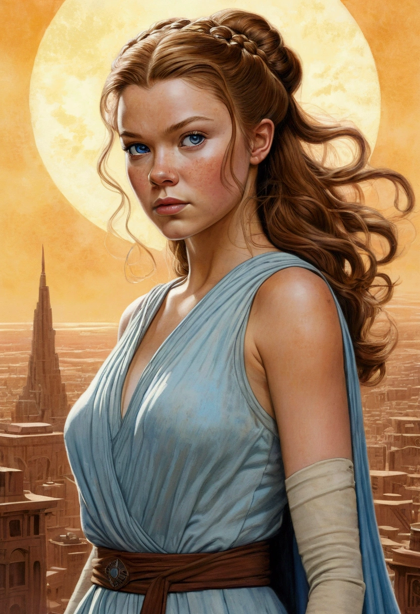 An illustrated movie poster, hand-drawn, full color, a teenage Jedi, 18-years-old, female, wearing a Sleeveless tunic, athletic hourglass figure, busty bosoms, full wide hips, massive round butt, long shapely legs, ridiculously thick powerful thighs, pale blue eyes, mousy brown hair, thick shaggy bangs, rosy sun-kissed complexion, freckles, resembles Margaery Tyrell, standing above Coruscant, graphite shading, stencil marks, airbrushed acrylic paint, masterpiece, in the style of Drew Struzan