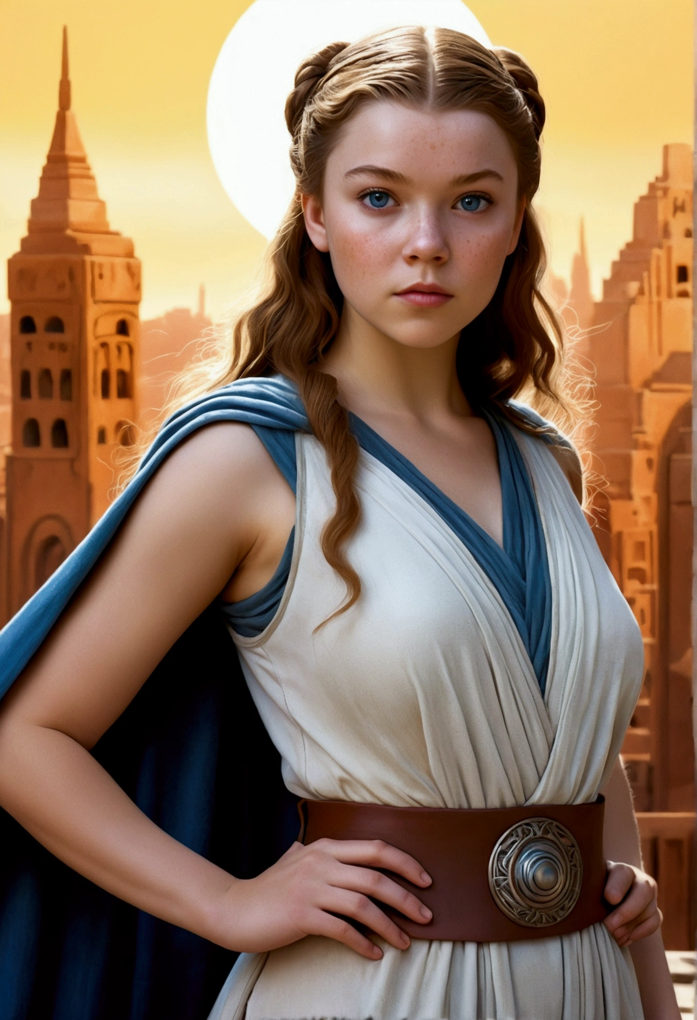 An illustrated movie poster, hand-drawn, full color, a teenage Jedi, 18-years-old, female, wearing a Sleeveless tunic, athletic hourglass figure, busty bosoms, full wide hips, massive round butt, long shapely legs, ridiculously thick powerful thighs, pale blue eyes, mousy brown hair, thick shaggy bangs, rosy sun-kissed complexion, freckles, resembles Margaery Tyrell, standing above Coruscant, graphite shading, stencil marks, airbrushed acrylic paint, masterpiece