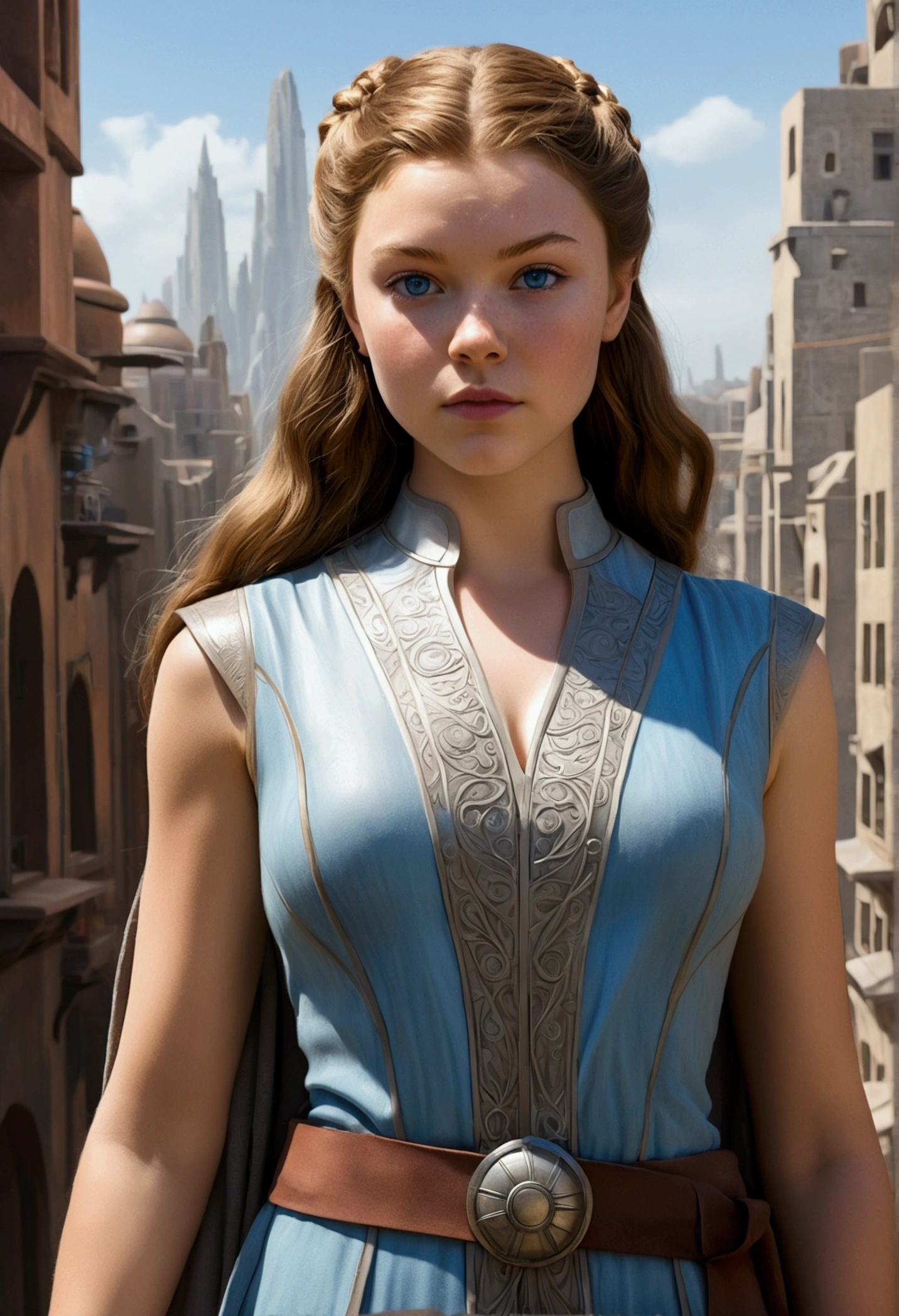 An illustrated movie poster, hand-drawn, full color, a teenage Jedi, 18-years-old, female, wearing a Sleeveless tunic, athletic hourglass figure, busty bosoms, full wide hips, massive round butt, long shapely legs, ridiculously thick powerful thighs, pale blue eyes, mousy brown hair, thick shaggy bangs, rosy sun-kissed complexion, freckles, resembles Margaery Tyrell, standing above Coruscant, graphite shading, stencil marks, airbrushed acrylic paint, masterpiece