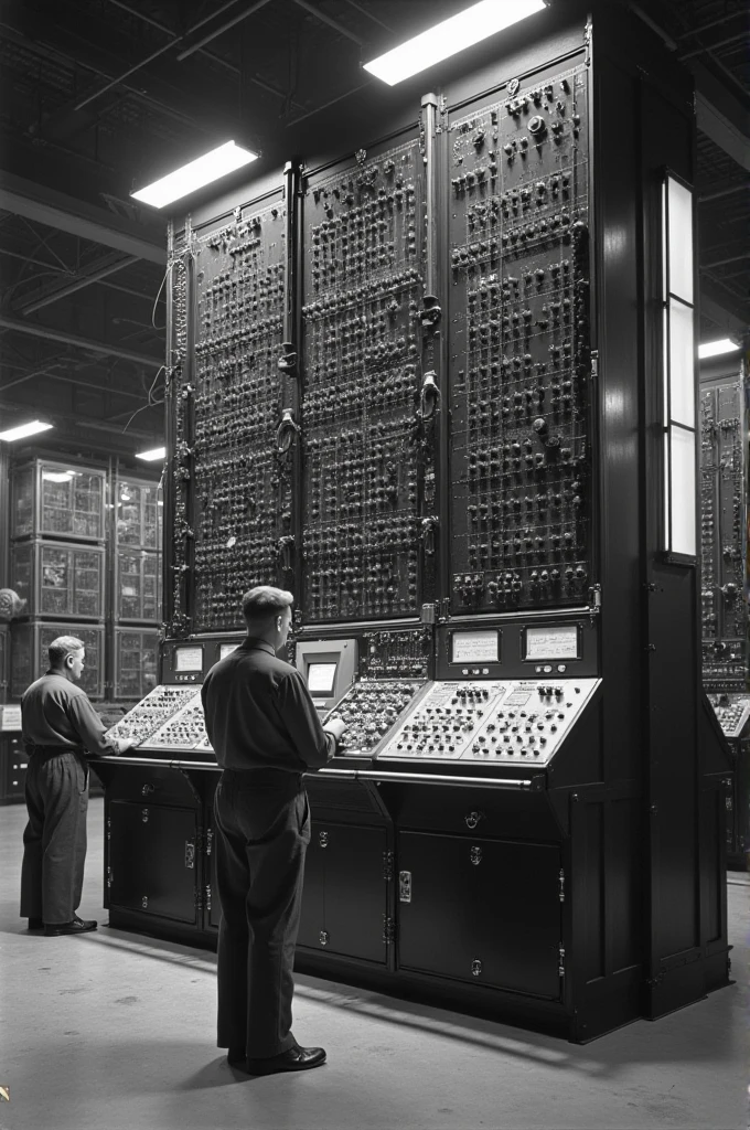 "A vintage, black-and-white image of a massive room-sized computer from the 1940s. The computer is the ENIAC, filled with numerous cables, dials, and flashing lights. Engineers are seen working on it, giving a sense of scale and complexity."