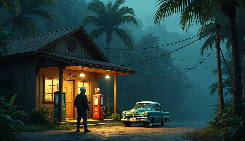Old Gas station in jungle, on Road park side car, old man and young boy laughing out side dark image 