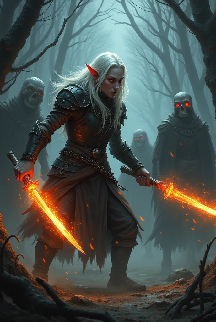 Create a dark fantasy scene in a misty, eerie forest. In the foreground, depict an elf warrior with pale skin, pointed ears, and long white hair, dressed in dark armor with chainmail. The elf is in mid-action, swinging two flaming chains with glowing orange blades at their ends towards skeletal enemies. The elf's red eyes are intense, and their posture is aggressive, showing focus and power. The background shows more skeletons emerging from the shadows of the dense forest, adding to the sense of danger and tension. The overall mood should be dark and menacing, with a strong contrast between the fiery chains and the misty, shadowy forest.