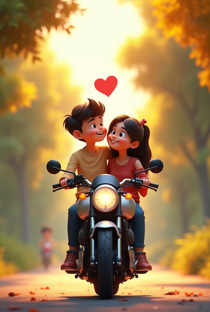 A animated boy and a girl are sitting on the bike called NS 200.He conveys his love to her. There should be a love in the middle and then the picture long shot