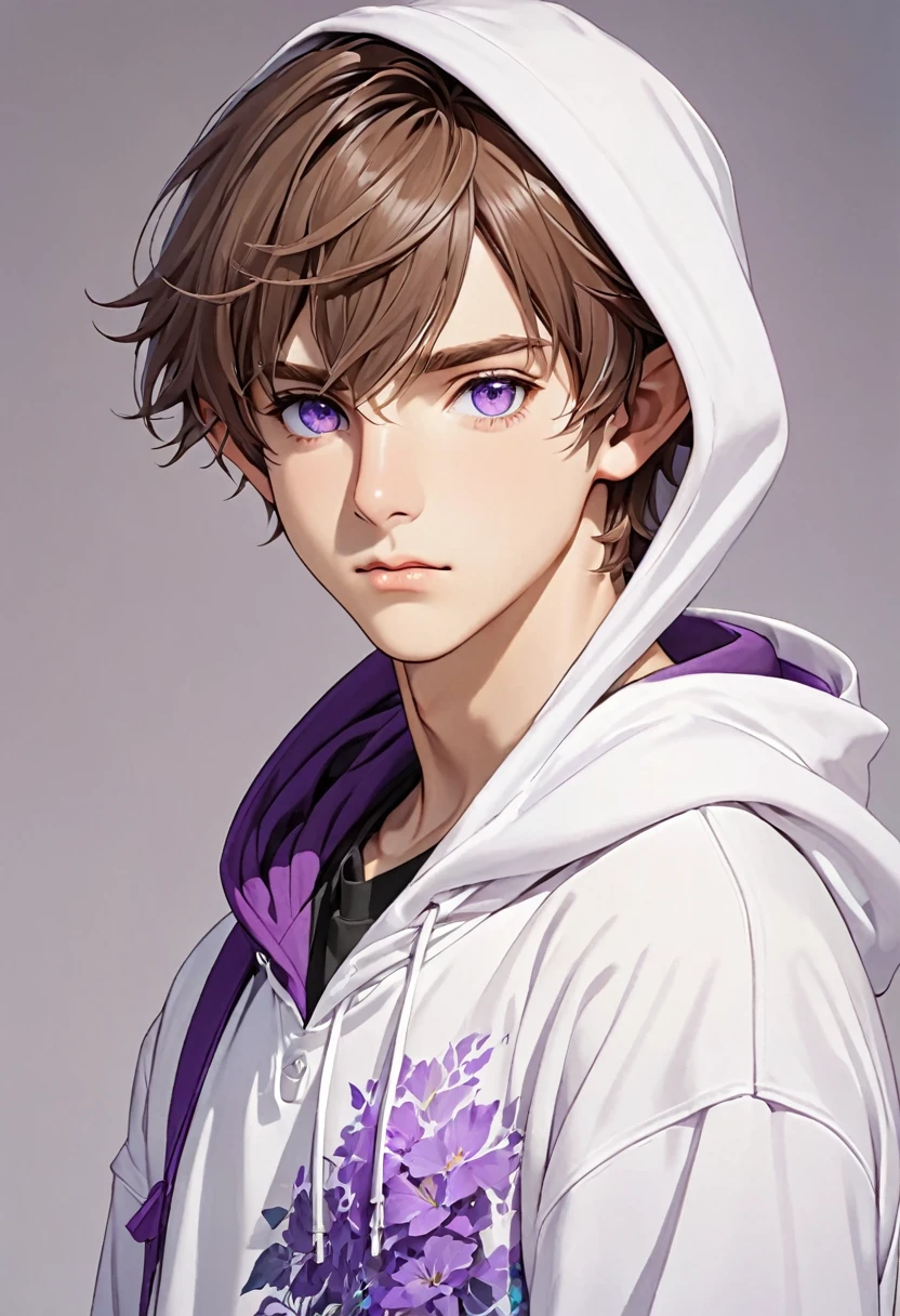 Elf, Brown Hair, Purple Eyes,boy, The shirt is white, wearing a hoodie