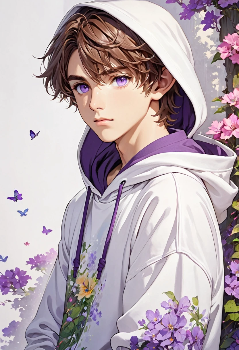 Elf, Brown Hair, Purple Eyes,boy, The shirt is white, wearing a hoodie
