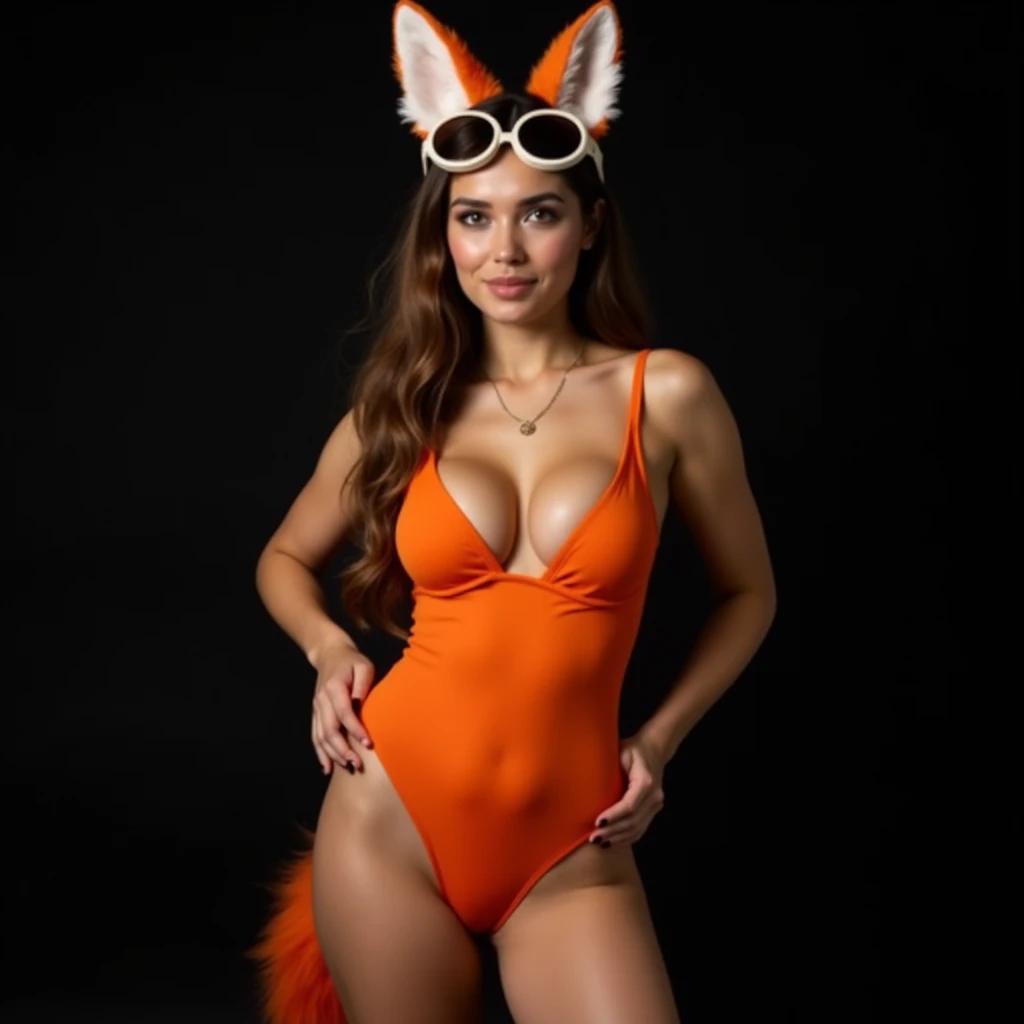 Busty woman 1, orange one piece lingerie, fox ears, foxtail, Long hair, aviator glasses, Photo studio, Black background