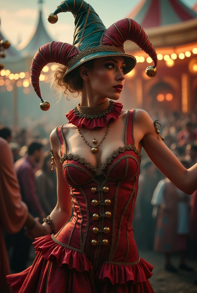 A SEXY FEMALE JESTER WEARING HER ICONIC JSESTER OUTFIT AND HAT AT THE CIRCUS CAPTIVATING THE LARGE AUDIENCE INSIDE THE MAIN TENT.INCREDIBLEY DETAILED AND TEXTURED IN FULL 8K HD RESOLUTION