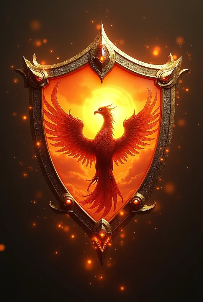 The emblem looked like a shield brooch with a Phoenix filling the frame. And it's a sky orange theme and little bit with magic in frame.