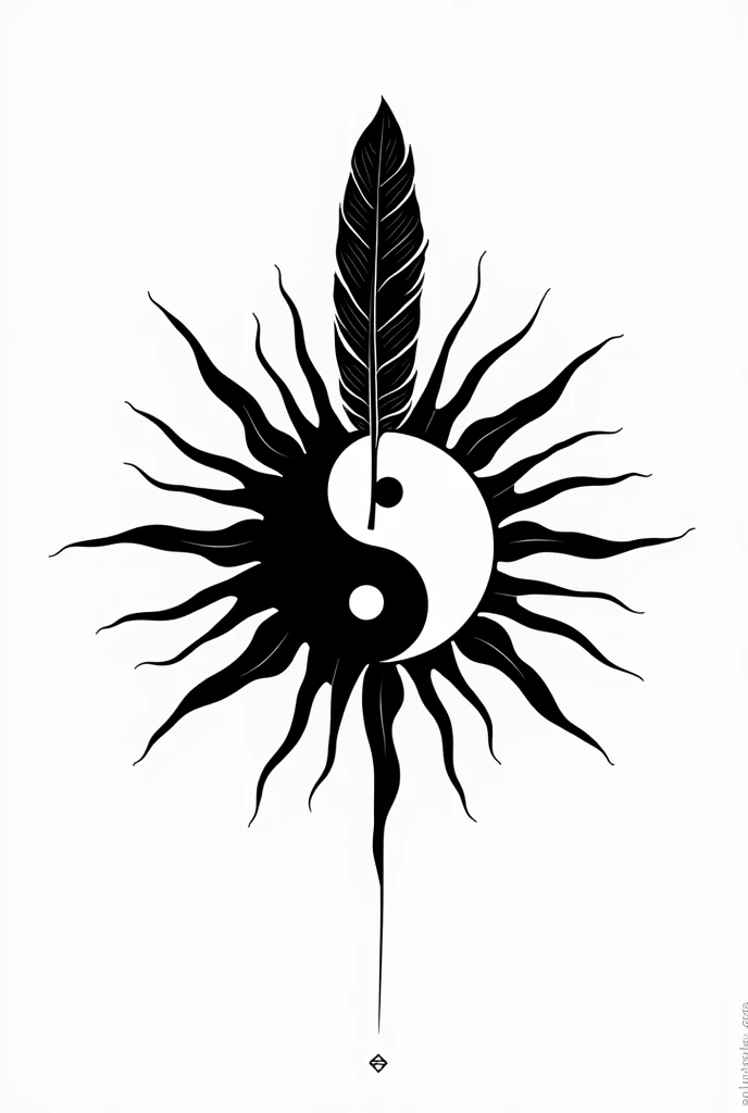 Dessine moi sur un fond blanc un dessin noir et blanc d'un soleil avec vingt-deux rayons de soleil droits. Une belle plume de rapace coupe le soleil en deux pour former un Yin et un Yang au centre du soleil de chaque côté de la plume