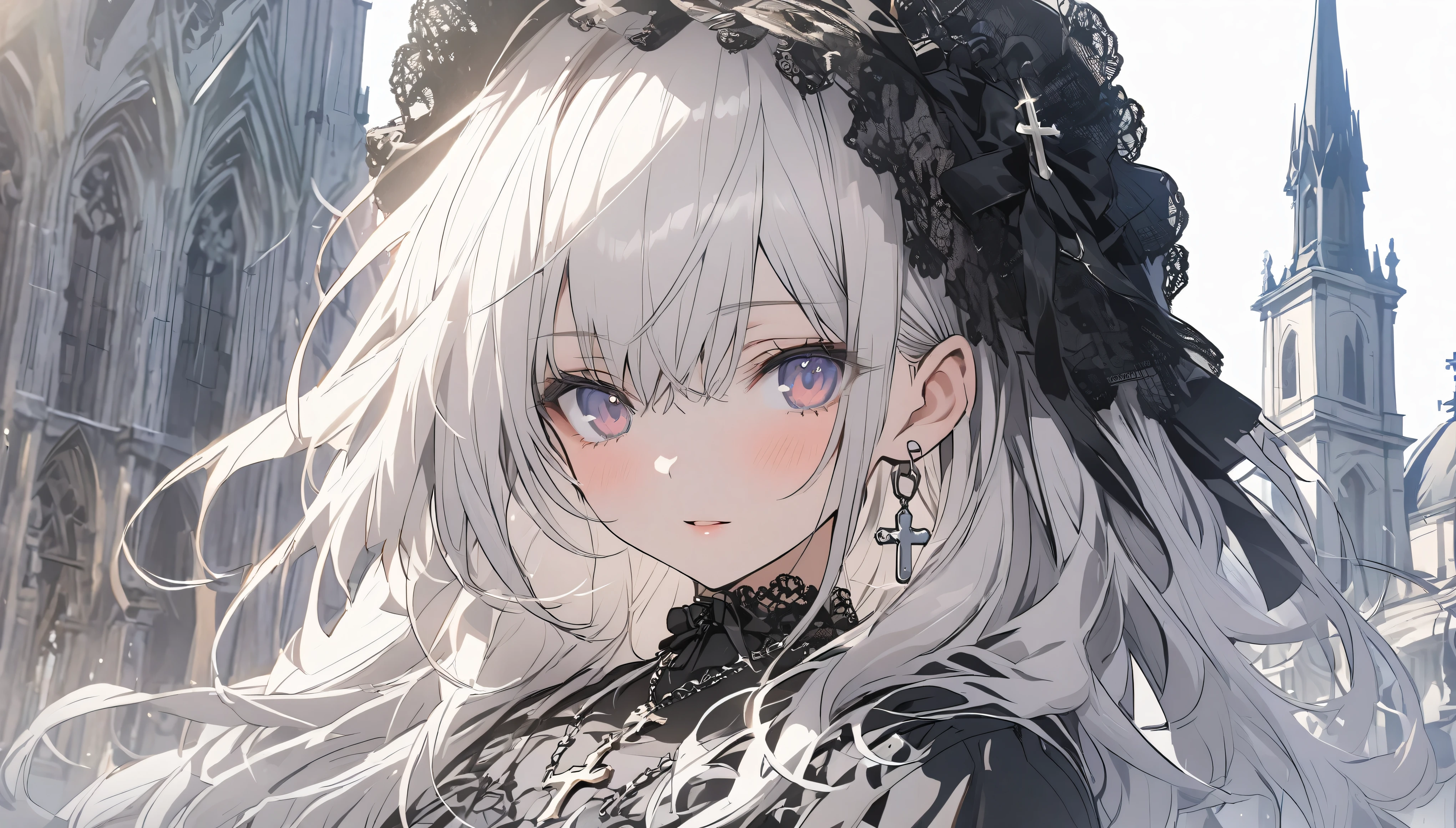 Beautiful girl with white hair,Black Lolita,Tulle lace hat,cross pendant,Standing in front of the church garden,Upper body close-up