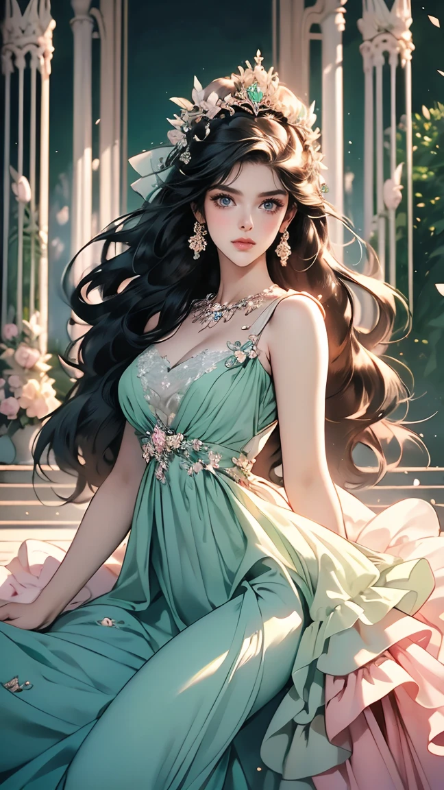 (masterpiece, best quality, high resolution, very detailed),(Beautiful and aesthetically pleasing.:1.2), (1 woman), adult, perfect body, wavy black hair, ((green eyes)), Detailed eyes and face, (saturated_body), Festival Beautiful Spring Light Airy Dress,  (pastel pink and blue dress), delicate spring dress, high heel, Soft and feminine image, deer, various colors, 