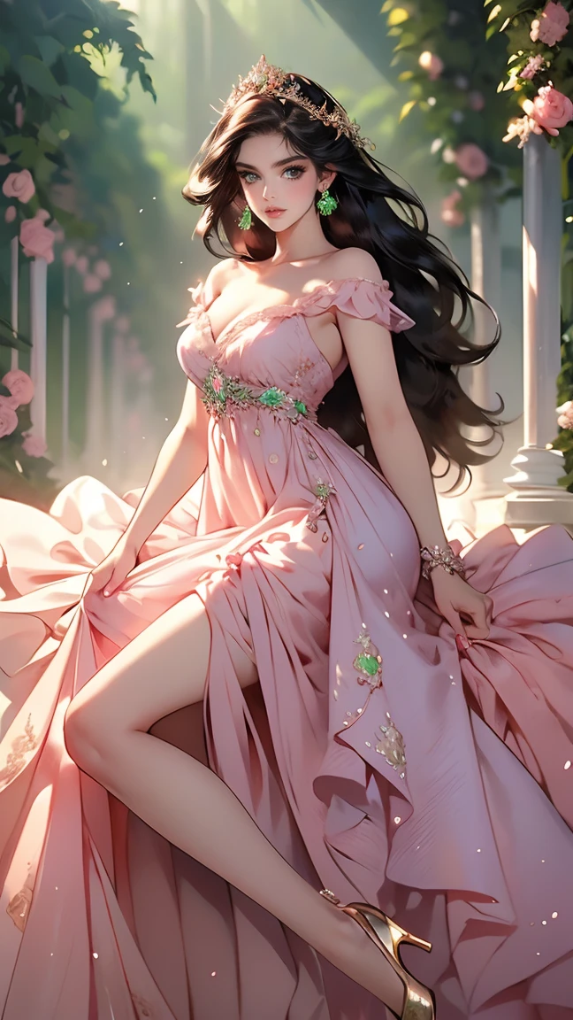 (masterpiece, best quality, high resolution, very detailed),(Beautiful and aesthetically pleasing.:1.2), (1 woman), adult, perfect body, wavy black hair, ((green eyes)), Detailed eyes and face, (saturated_body), Festival Beautiful Spring Light Airy Dress,  (pastel pink and blue dress), delicate spring dress, high heel, Soft and feminine image, deer, various colors, 