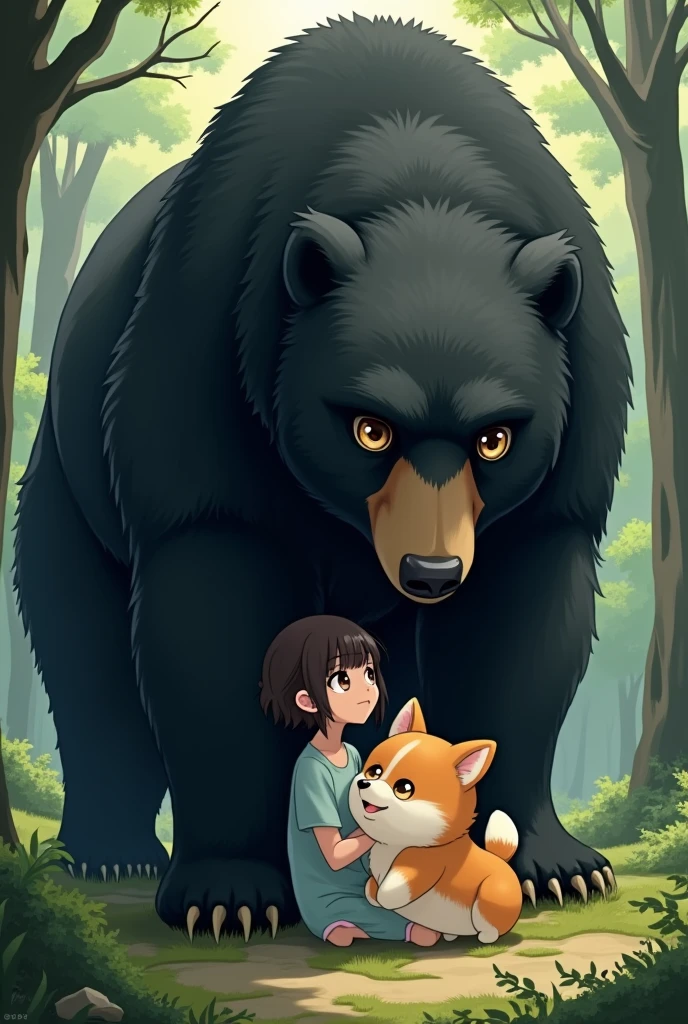 a giant black bear protects an anime cute woman. The woman is holding a small corgi dog