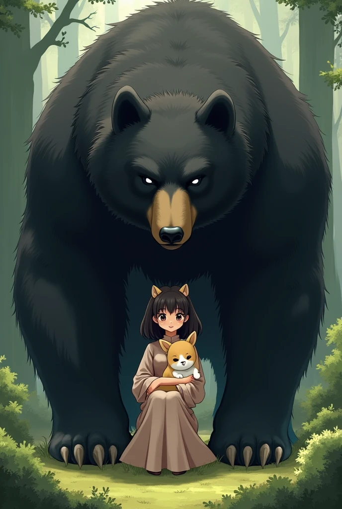 a giant black bear protects an anime cute woman. The woman is holding a small corgi dog