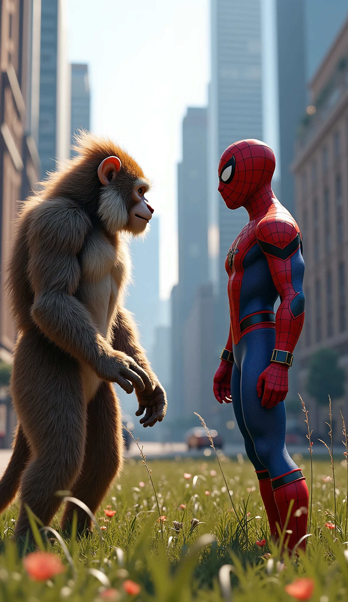 A split-scene 3D-rendered image featuring two characters facing each other: Wukong from Black Myth Wukong on the left, standing in a grassy field, and Spider-Man on the right, standing in a city environment. Both characters are vividly detailed with glossy fur and skin textures, clearly defined against slightly blurred backgrounds. The contrast between Wukong's natural setting and Spider-Man's urban surroundings creates a striking visual impact. The scene feels dynamic and lifelike, capturing the intense standoff between the two characters