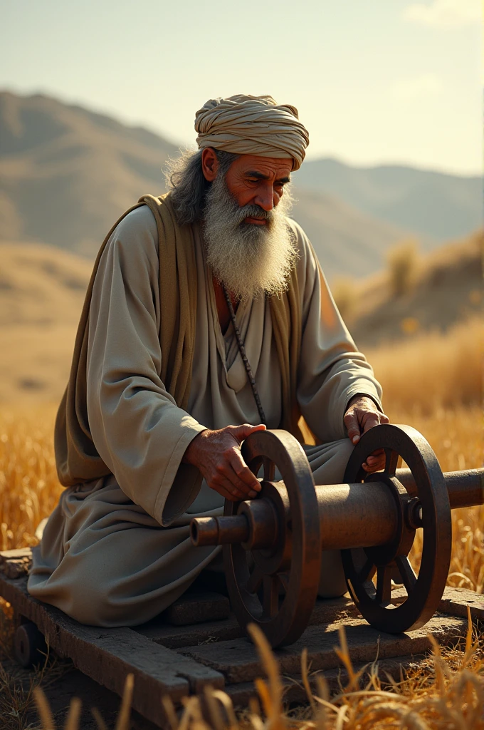 Muslim elderly man at threshing machine