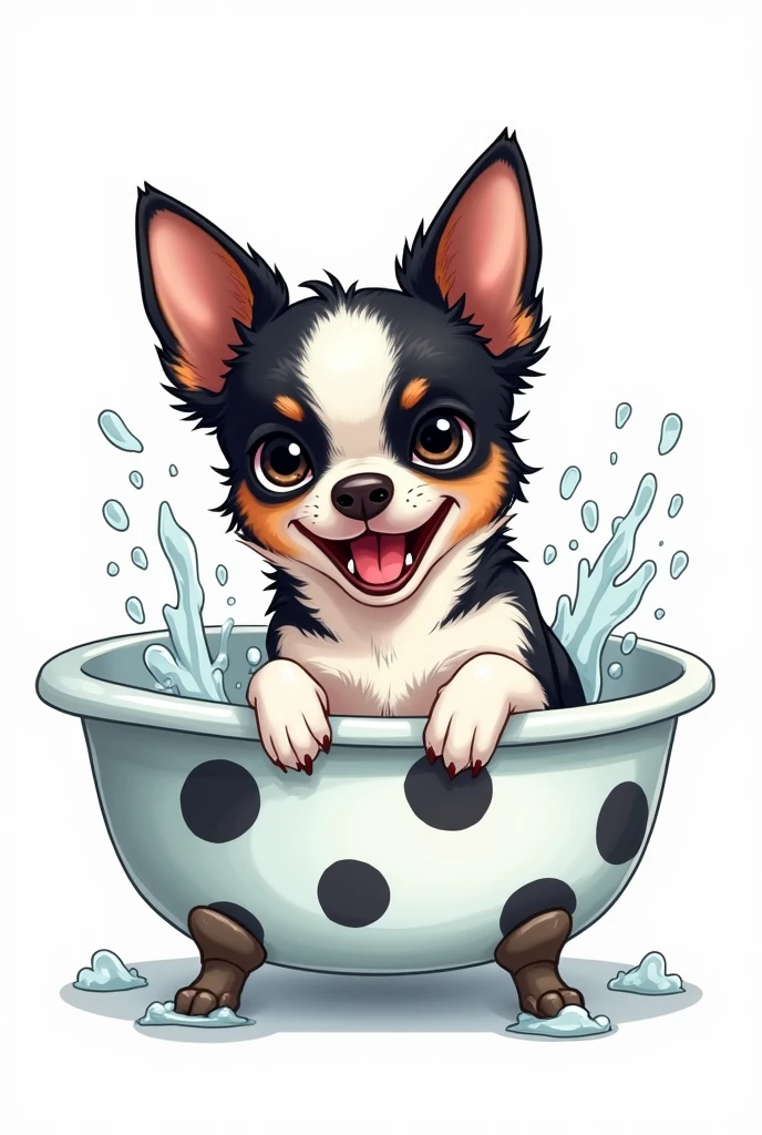 Chihuahua with black and white face, black spots on white body, manga style, taking a bath